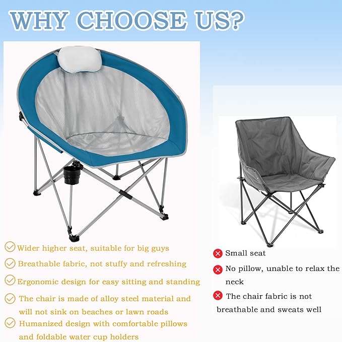 #WEJOY Folding Camping Chair Oversized Moon Chairs for Adult Support Up to 300lbs Mesh Saucer Chairs with Headrest and Cup Holder for Camping,Lawn,Hiking,Picnic,Sports(Cyan/Grey)