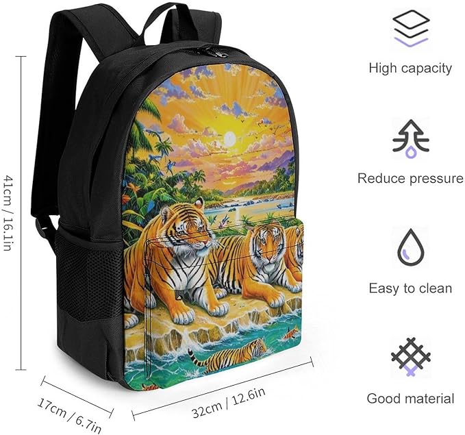 Rucksack Polyester Anti-Theft Multipurpose King Of The Tiger Tropical Rainforest Landscape Jungle Parrot Birds Carry On Bag Large Capacity Travel and Sport Backpack Rucksack With Smooth Zippers