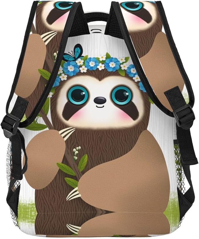 Daypack Backpack Anti-Theft Multipurpose Large Capacity Carry On Bag, Cute Sloth Blue Flowers Art Traveling Camping Backpack With Side Pockets