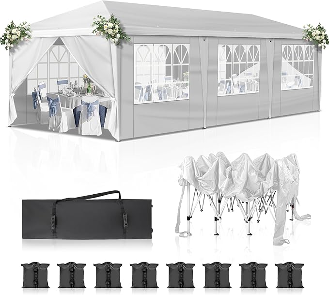 Outvita 10x30ft Ez Pop Up Canopy, Portable Instant Canopy Tent with 8 SideWalls for Outdoor Events, Party, Wedding, Birthday,Graduation White