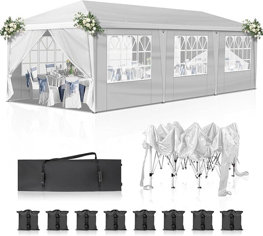 Outvita 10x30ft Ez Pop Up Canopy, Portable Instant Canopy Tent with 8 SideWalls for Outdoor Events, Party, Wedding, Birthday,Graduation White