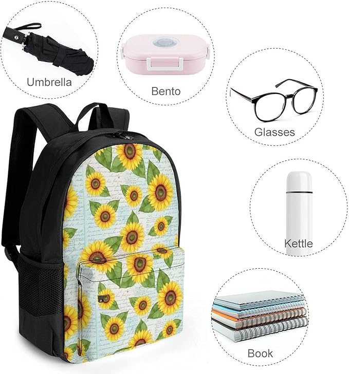 Rucksack Multipurpose Anti-Theft Big Capacity Shoulder Bag, Vintage Sunflower Travel Hiking Camping Rucksack With Side Pockets