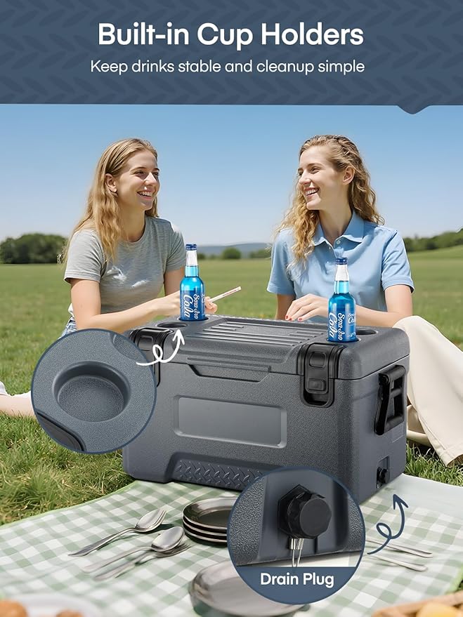 Cooler, Portable Hard Cooler with Dual Latches, Insulated Ice Chest with Swing-up Side Handles, Molded Ruler＆Cup Holders, Coolers Keeps Cool for 3+ Days, Camping Fishing Road Trips Beach, 47.5 QT