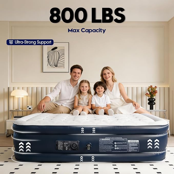 Air Mattress Queen with Built-in Pump, 19" Raised Height, 800 lbs Capacity, 3-Min Fast Inflation, Puncture-Resistant Inflatable Mattress with Storage Bag – Ideal for Guests, Camping & Travel