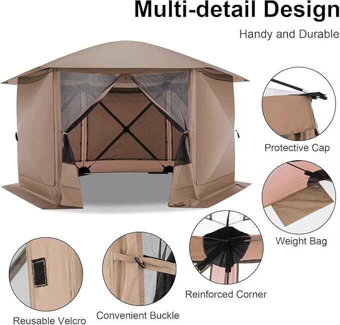 COBIZI 12x12FT Pop Up Gazebo Screen Tent Screen House for Camping, Screen Room with Mosquito Netting, Hub Tent Instant Screened Canopy with Carrying Bag and Ground Stakes,Khaki