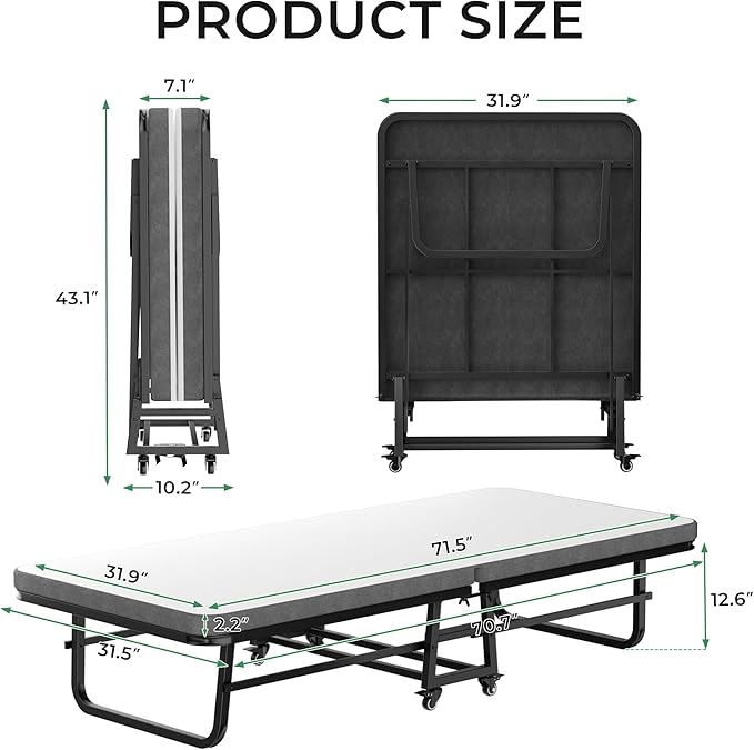 Folding Bed with 2.2 inch Mattress, 71.5x32 Cot Size Frame, Portable Rollaway Guest Bed with 2.2 inch Memory Foam Mattress, Space-Saving Foldable Design for Easy Storage