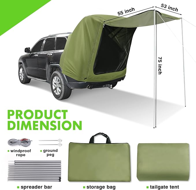 SUV Tailgate Tent with Awning - Waterproof SUV Tents for Camping, Car Hatchback Truck Roof Canopy Sun Shade Privacy Shelter for Outdoor Travel, Universal Fit Most SUV
