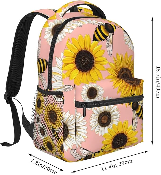 Men Women Lightweight Bee Sunflowers Backpack Large Capacity Bookbag With Smooth Zippers for Gym Business Running
