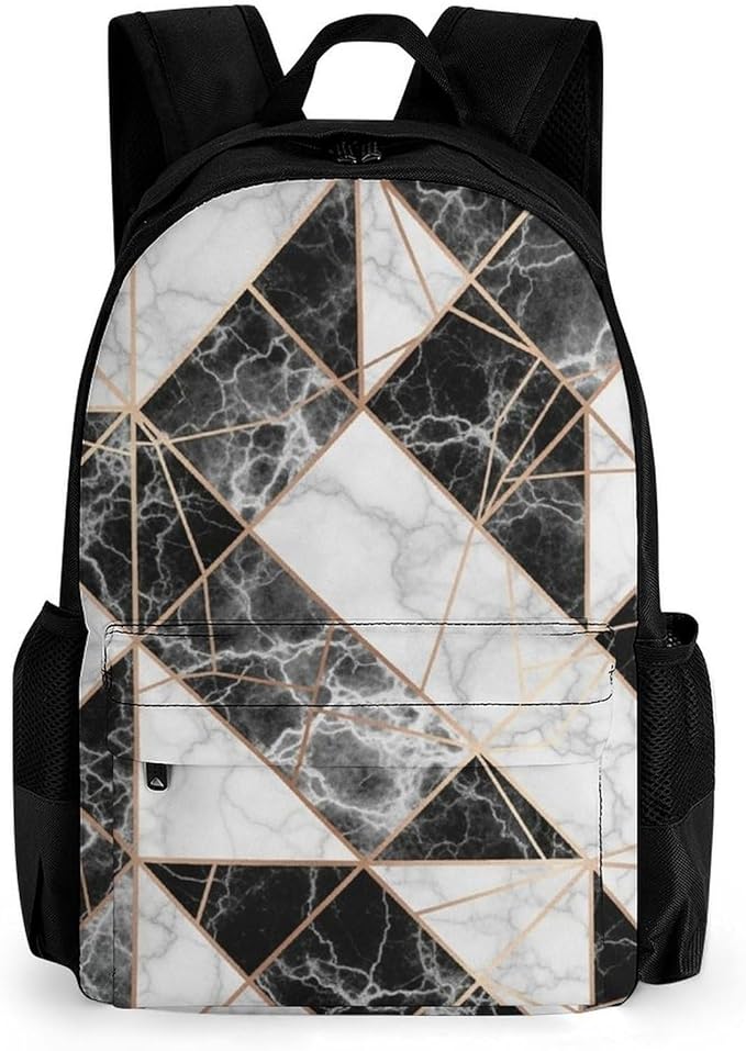 Men Women Polyester Rose Gold Glitter Marble Geometric Triangle Daypack Big Capacity Shoulder Bag With Adjustable Shoulder Straps for Camping Travel Walking Cycling