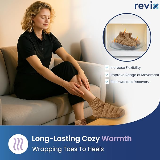REVIX Microwavable Booties for Cold Feet with Moist Heat Therapy, Hot Feet Warmers for Relieving Foot Stiffness, Adjustable Fit & Non-Slip Heated Slippers for Women & Men, Mocha S
