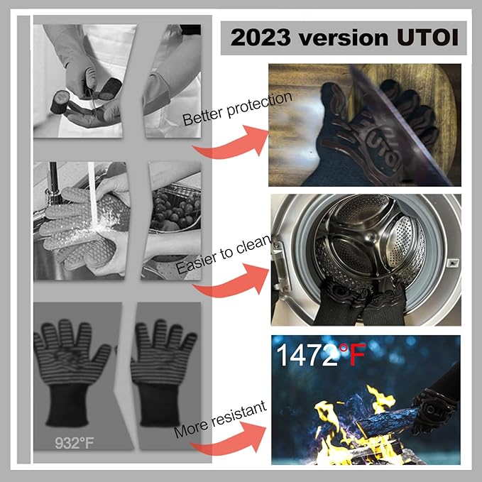BBQ Grill Gloves, 1472°F Heat Resistant Barbecue Gloves Oven Mitts, Silicone Non-Slip Cooking Gloves for Kitchen, Grilling and Baking, EN407 Certified, 13 inch Long, Black, XL Size