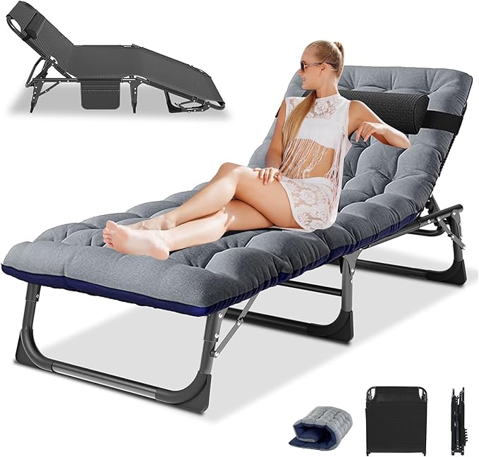 LILYPELLE Lounge Chair with Mattress, Heavy Duty Outside Lounge Chair Outdoor Portable Folding Lounge Chairs Sleeping Cots Bed for Camping, Pool, Beach, Patio
