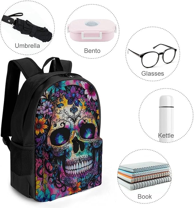 Supdreamc Lightweight Daypack Bookbag for Trekking Business Walking Cycling, Big Capacity Anti-Theft Multipurpose Carry On Bag, Indain Mandala Sugar Skull Business Computer Bag