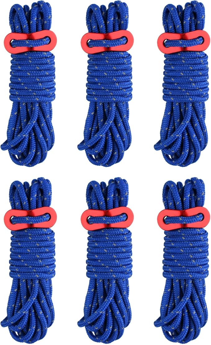TRIWONDER 13ft Reflective Guyline, 4mm Nylon Tent Rope Paracord Cord with Guyline Adjuster for Camping Tent (Blue - 6 Pack)