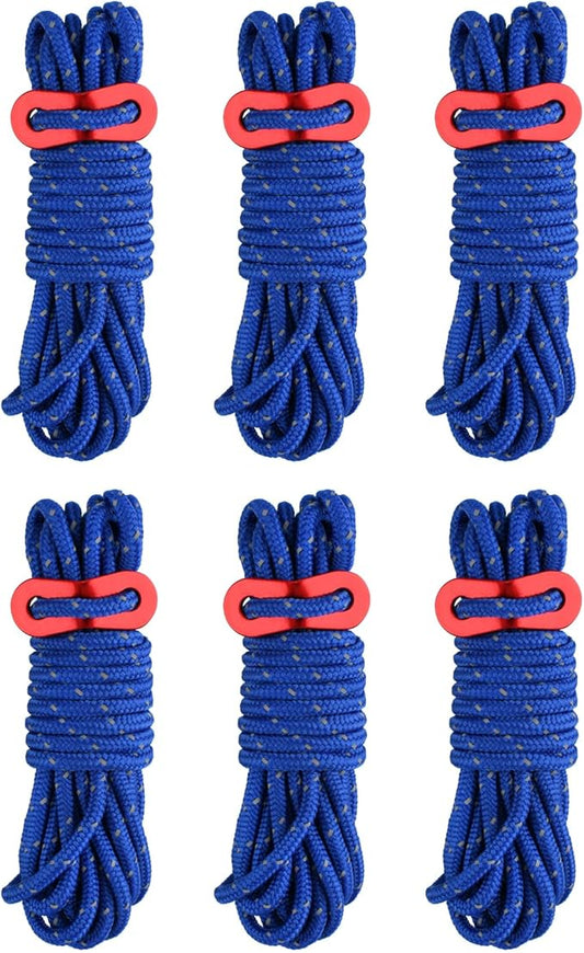 TRIWONDER 13ft Reflective Guyline, 4mm Nylon Tent Rope Paracord Cord with Guyline Adjuster for Camping Tent (Blue - 6 Pack)