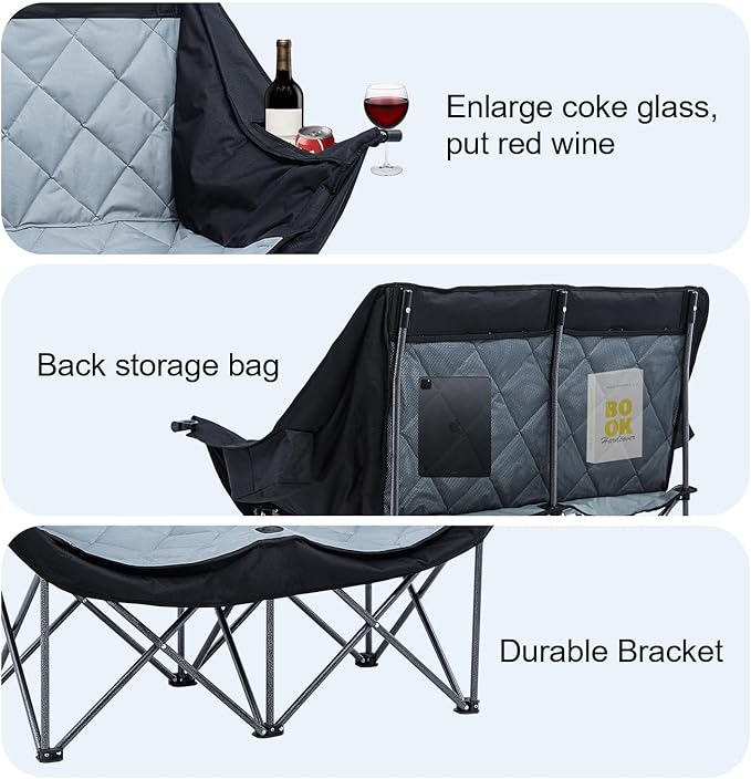 Double Camping Chair Oversized Padded Camping Sofa for 2 Person Heavy Duty Outdoor Folding Couch Portable Lawn Chair with Dual Cup Holders & Wine Glass Holders Weight Bearing 660LBS