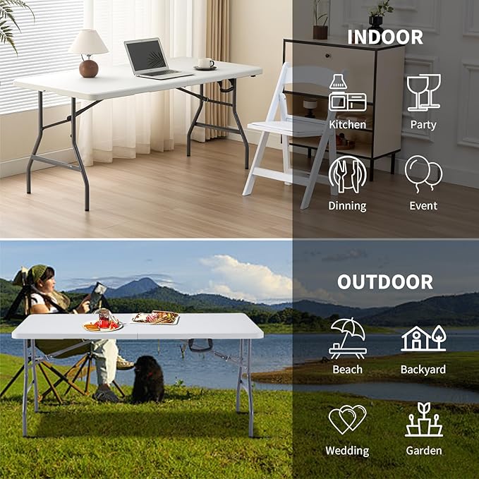 BOOSDEN 5 Foot Folding Table - Portable Plastic Fold-in-Half Utility Table With Carrying Handle for Indoor Outdoor Use - Picnic, Party, Camping, Banquet