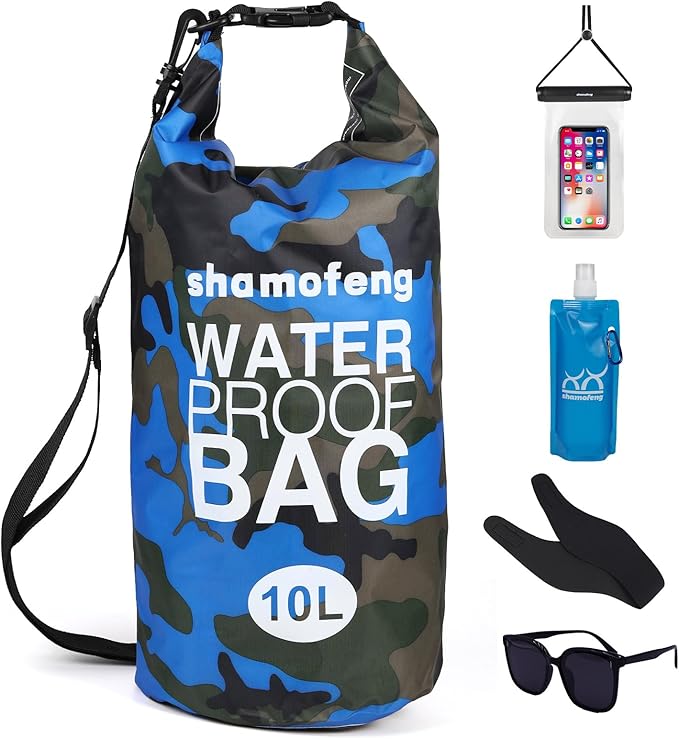 Waterproof Dry Bag 5L/10L/15L/20L/30L Roll Top Dry Storage Backpack with Phone Case, Collapsible Water Bottle, Sunglasses, Ear Band for Kayaking Boating Swimming Fishing Camping, Blue 15L