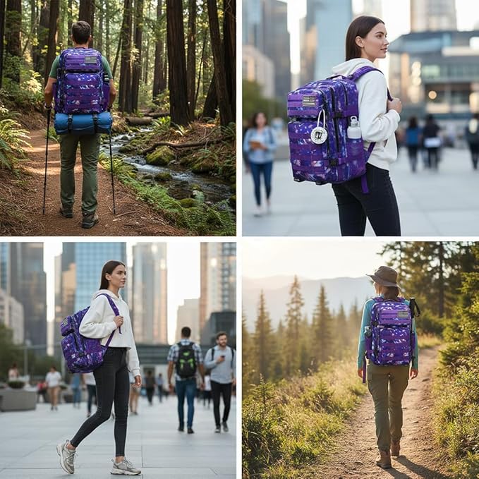 Military Tactical Backpack 45L Bug Out Bag Assault Pack Molle Daypack Hiking Gym Rucksack with Bottle Holder(Purple tie dye)