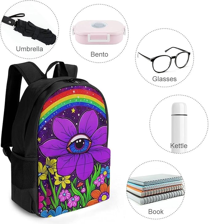 Backpack Multipurpose Anti-Theft Large Capacity Bookbag, Trippy Psychedelic Magic Eye Flower Art Travel Hiking Daypack With Side Pockets
