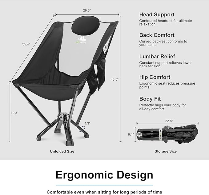Camping Chairs for Adults, Supports 600 Lbs Lightweight Folding Camping Chair, Collapses to Size of Water Bottle Portable Camping Chair for Outdoor, Beach, Lawn, Travel, Picnics