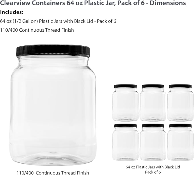 Plastic Storage Jars with Leak Proof Lids, BPA Free, Hand Wash Only (64oz, 6PK Black)