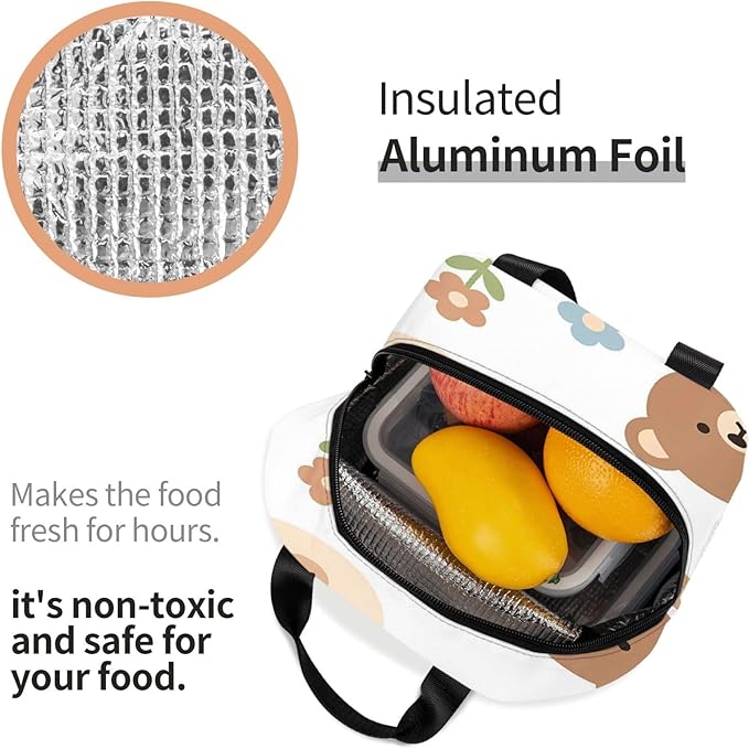 Cute cartoon bear faces flowers digital art Insulated Lunch Bag Oxford Cloth & Thick Foil Cooler Warmer Tote Waterproof Wear-Resistant with Front Pocket for Work Picnic Outdoor Travel
