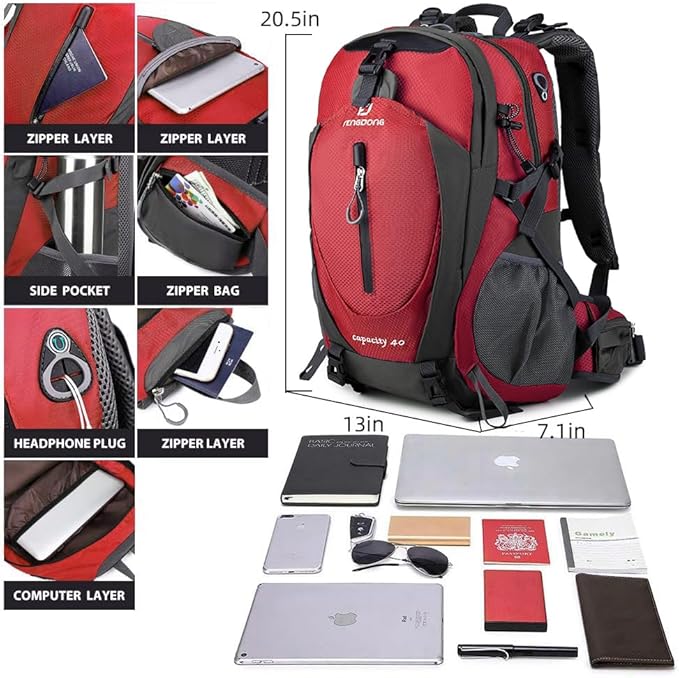 FENGDONG 40L Waterproof Lightweight Hiking,Camping,Travel Backpack for Men Women Red
