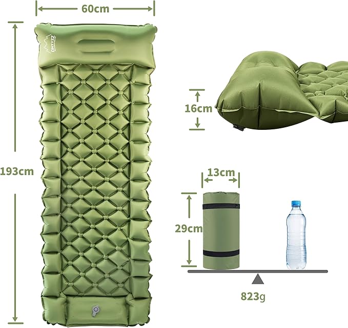 ONTYZZ Sleeping Pad Ultralight Inflatable Sleeping Pad with Built-in Foot Pump Upgraded Durable Compact Camping Air Pad for Hiking Traveling, Green