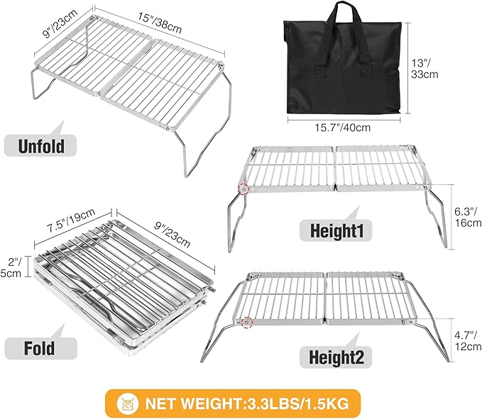 REDCAMP Folding Campfire Grill 304 Stainless Steel Grate, Adjustable Height Portable Camping Grill with Carrying Bag for Outdoor Cooking BBQ