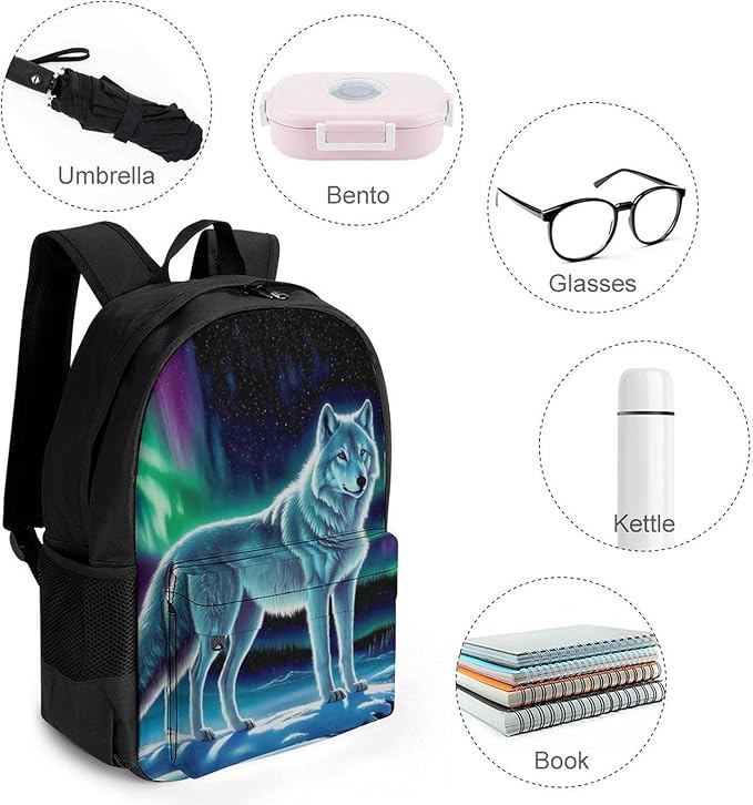 Men Women Polyester Starry Galaxy Cool Wolf Art Casual Daypack Large Capacity Carry On Bag With Adjustable Shoulder Straps for Camping Work Running