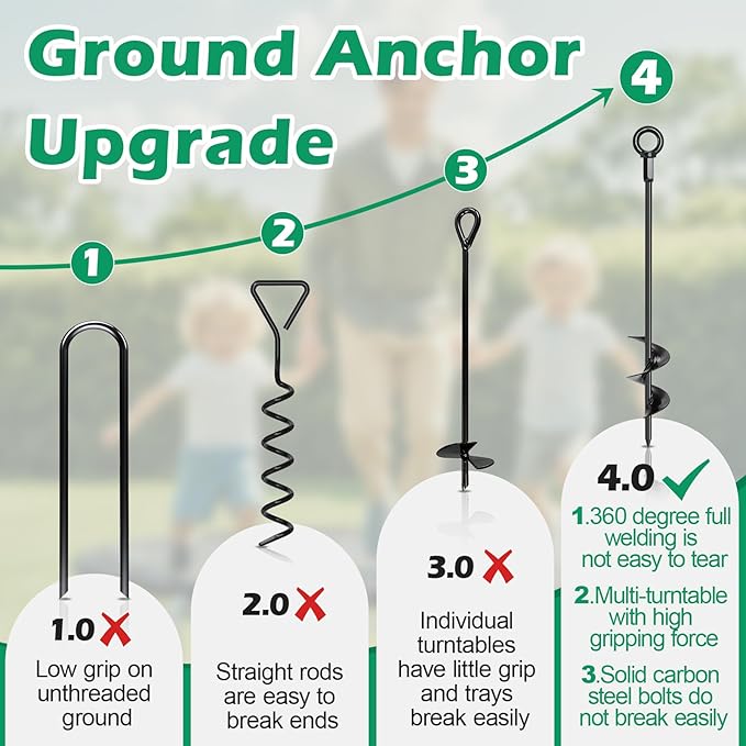 Trampoline Stakes High Wind Heavy Duty Kit, 4/6/8 Pack 18" Trampoline Anchors Ground Anchors Screw in with Adjustable Tie-Down Straps for RV Awning Swing Set Canopy Tent Stakes