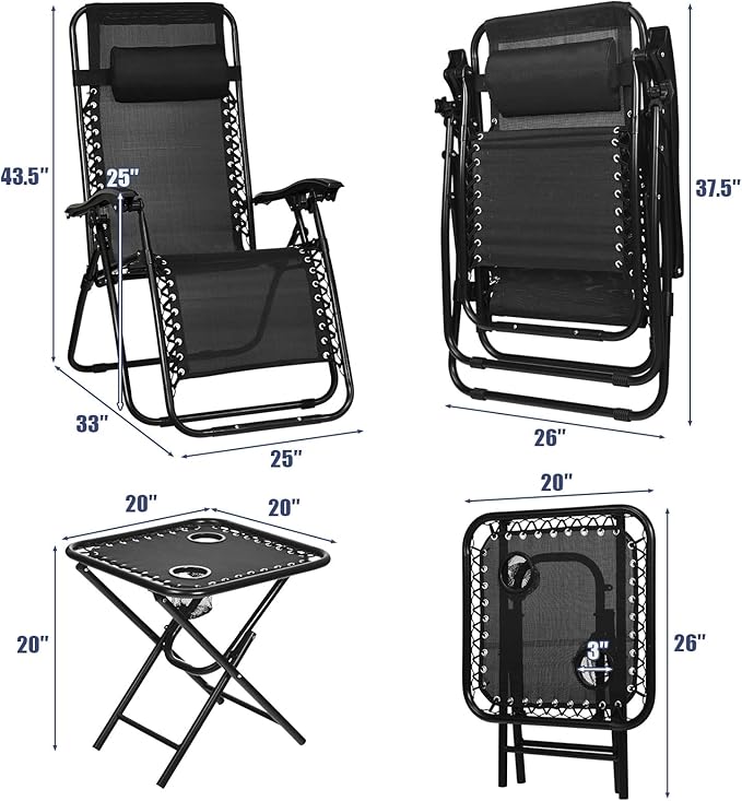 S AFSTAR Zero Gravity Chairs Set of 2, 3 PCS Folding Lawn Chair Set With Side Table Cup Holders & Adjustable Headrest, Reclining Patio Chairs, Lounger for Patio Poolside
