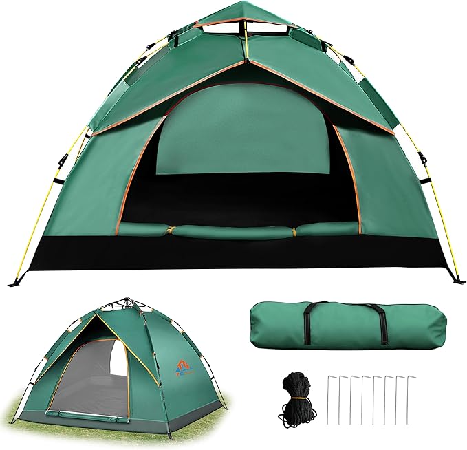 Quick Set Up Waterproof 4-Person Camping Tent with Bug Netting - Instant Pop-Up Tent for Family Camping & Hiking | All-Weather 4-Season Outdoor Shelter