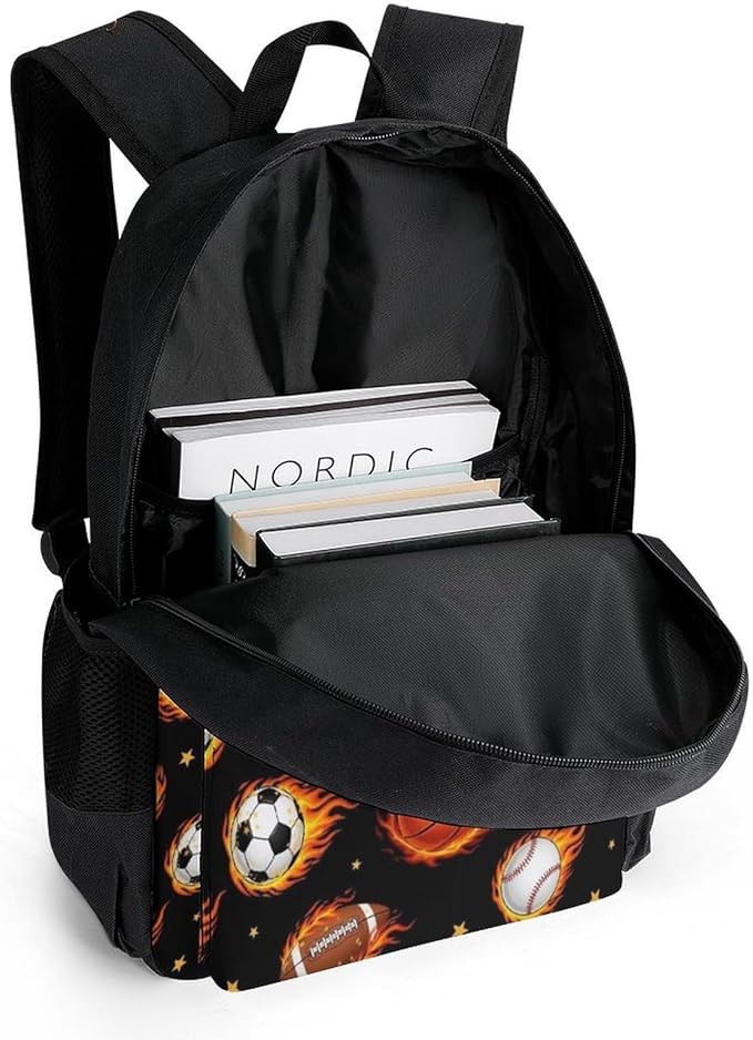 Supdreamc Men Women Polyester Fire Ball Soccer Basketball Baseball Football Sport Daypack Big Capacity Shoulder Bag With Smooth Zippers for Hiking Work Walking Cycling