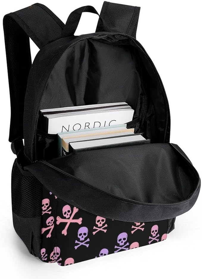 Polyester Daypack for Camping Travel Walking Cycling, Big Capacity Anti-Theft Multipurpose Bookbag, Purple Pink Crossbones Skulls Camping Outdoor Backpack