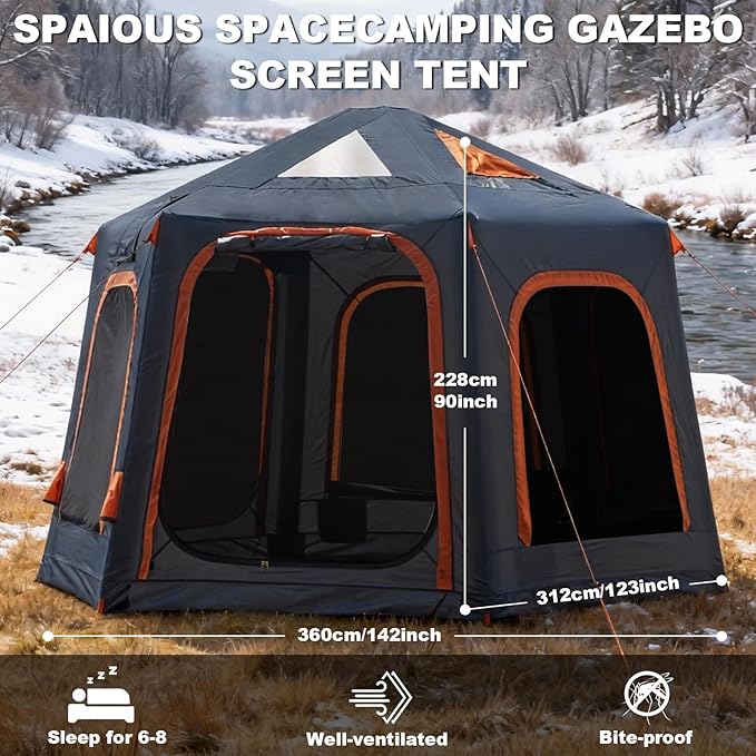 Inflatable Tents for Camping with Stove Jack, 2/4/6/8 Person Easy Setup Blow Up Tents for 4 Seasons Waterproof Inflatable Camping Tent with Awning, Air House Glamping Tents for Camping Adult