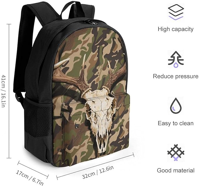 Daypack Backpack Anti-Theft Multipurpose Large Capacity Carry On Bag, Goth Hunting Camo Deer Skull Art Traveling Camping Backpack With Side Pockets