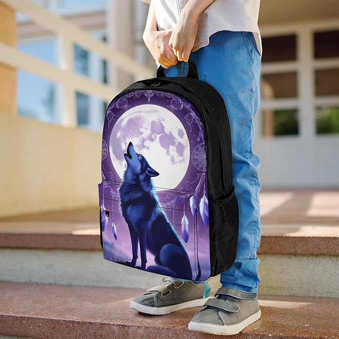 Supdreamc Men Women Polyester Moon Dream Catcher Native American Wolves Daypack Big Capacity Shoulder Bag With Smooth Zippers for Hiking Work Walking Cycling