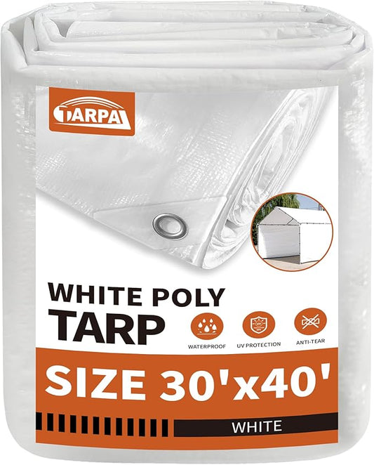 TARPAL 30'x40' White Tarp Waterproof 7.5 mil Medium Duty All Purpose Poly Tarps Cover Waterproof,Snow Proof UV Protection,Rip and Tear Proof,Poly Tarpaulin