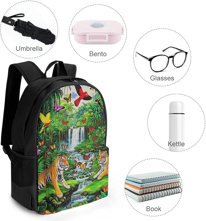 Supdreamc Daypack Bookbag Multipurpose Anti-Theft Big Capacity Carry On Bag, King Of The Tiger Tropical Rainforest Landscape Jungle Parrot Birds Travel Hiking Camping Rucksack With Padded Straps
