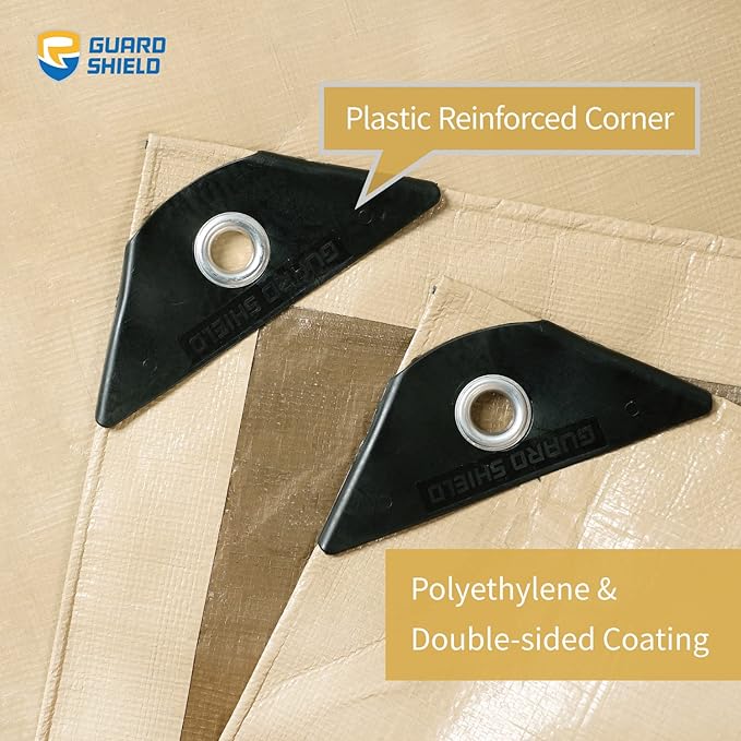 GUARD SHIELD Beige Tarp Heavy Duty Waterproof 20x20 Feet Outdoor Poly Tarps Cover Square Thick UV Resistant Canopy Tarpaulin with Grommets 10mil