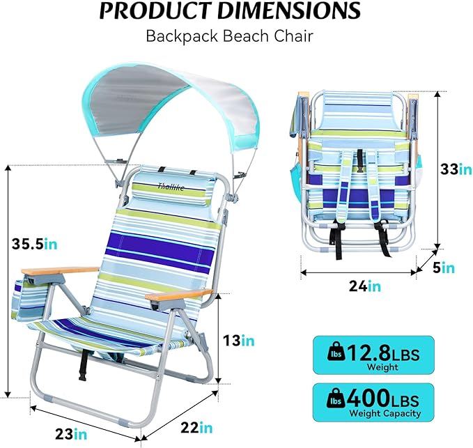 2 Pack Backpack Beach Chairs with Canopy Headrest Cooler Bag Cup Holder Towel Bar 4-Position Recline Wooden Armrests Aluminum Frame Folding Beach Chair for Adults Camping Supports 400 lbs