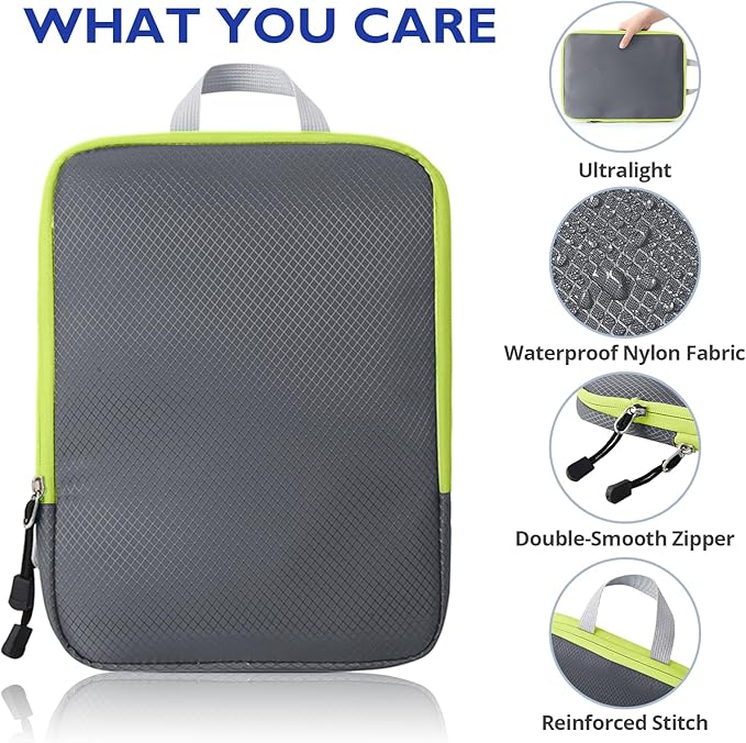 Compression Packing Cubes, 10 Set Packing Cubes for Travel Compression, Lightweight Compressible Package Organizer for Carry On and Suitcases, Grey and Green