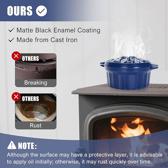 G GOOD GAIN Wood Stove Steamer - Cast Iron Round Bowl Fire Place Stove Humidifier Pot with Large Opening Top for Home Heating Decorative | Matte Finish & 2.7 Quart, Blue