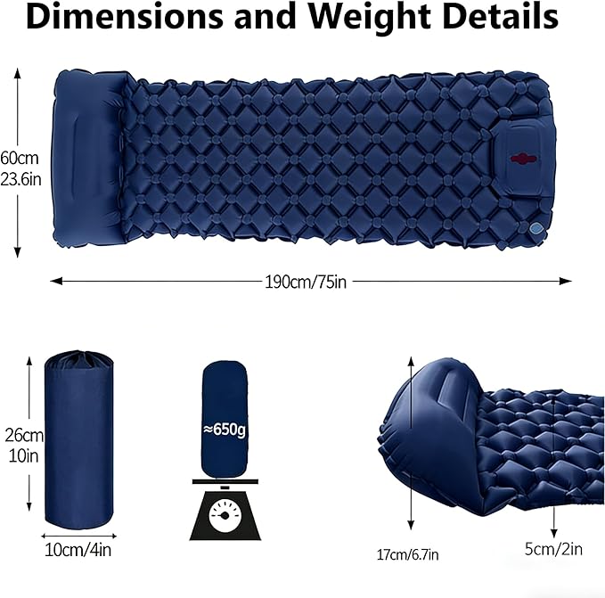 SNZ Camping Sleeping Pad, Ultralight Camping Mat with Pillow, Built-in Foot Pump Inflatable Sleeping Pads Compact for Backpacking, Tent, Travel, Outdoor Activities (Single)