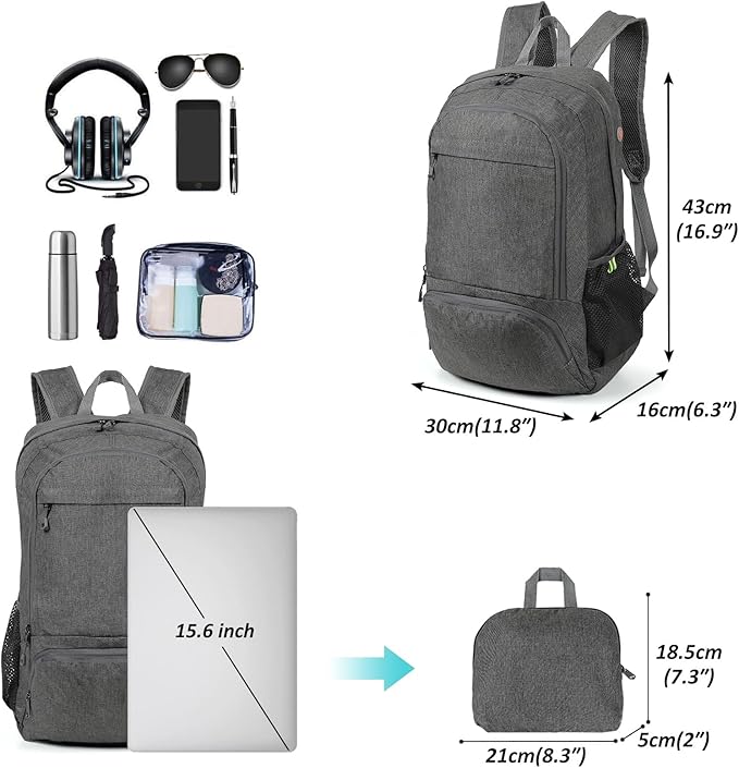 TANTOMI Ultra Lightweight Packable Backpack 25L - Foldable Hiking Daypack for Travel, Compact Pocket Gym Sack & City Commuting Gear - Gray