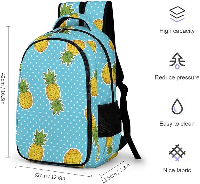 Travel Backpack Sky Blue Polka Dots Yellow Pineapples for Women Men, Anti Theft Laptop Daypack with Large Capacity for College Work Weekender Outdoor