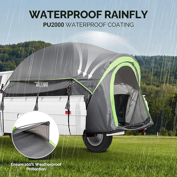 TUFFIOM Update 5.5-6ft Pickup Truck Tent for Camping, Truck Bed Tent with Reinforcement Fiberglass Poles, PU2000 Waterproof and Rainfly for 2 People, Easy Set Up, Good Ventilation