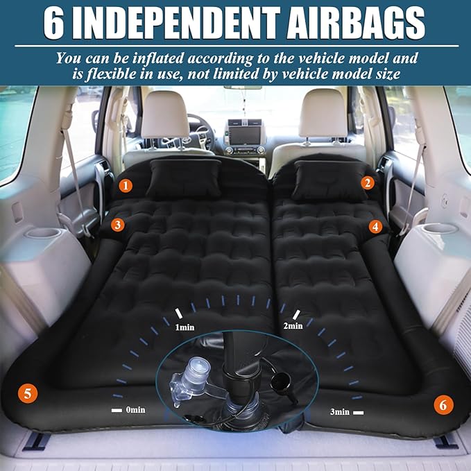SUV Air Mattress, Inflatable Car Air Bed Truck Camping Mattress for Back Seat Thickened Travel Sleeping Pad with 1 Charge & Air Pump Flocking Car Bed For SUV, Rear Seat, Trunk, 68L× 51W × 5.11H"